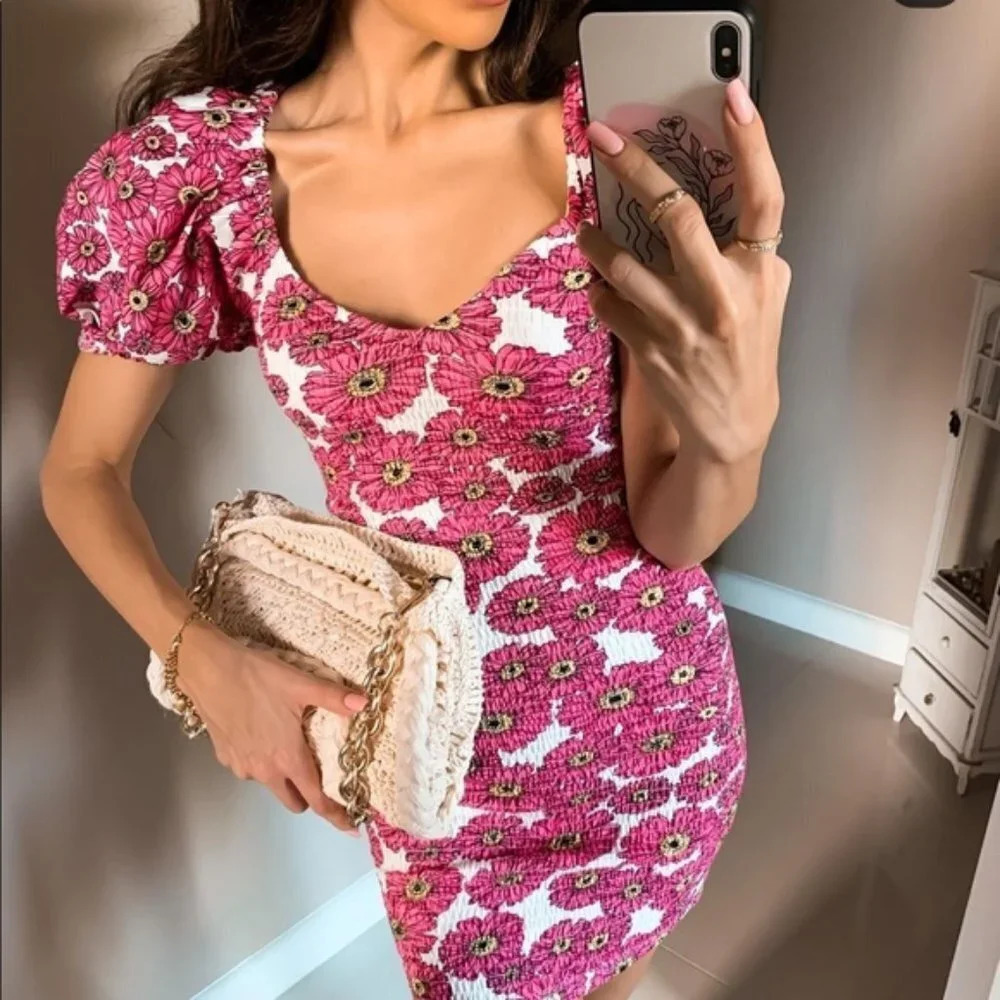 Zara Floral Puff Sleeve Smocked Mini Dress Bloggers Favourite Sz S